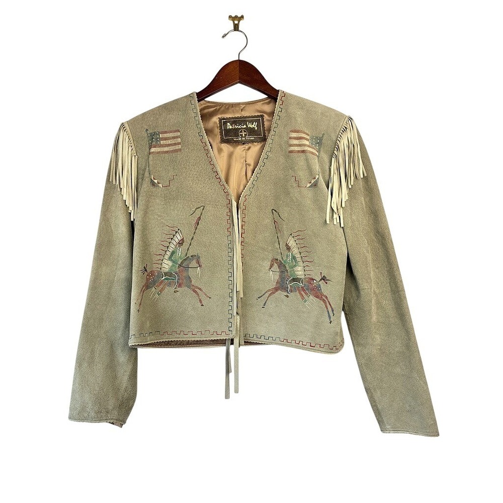 Patricia Wolf Vintage Suede Fringe Jacket Hand Painted Native American Motif D1